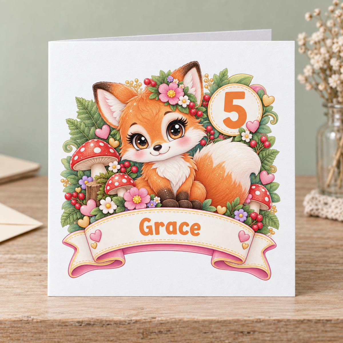 Personalised Fox Birthday Card, Any Age & Name, 6x6 Inch