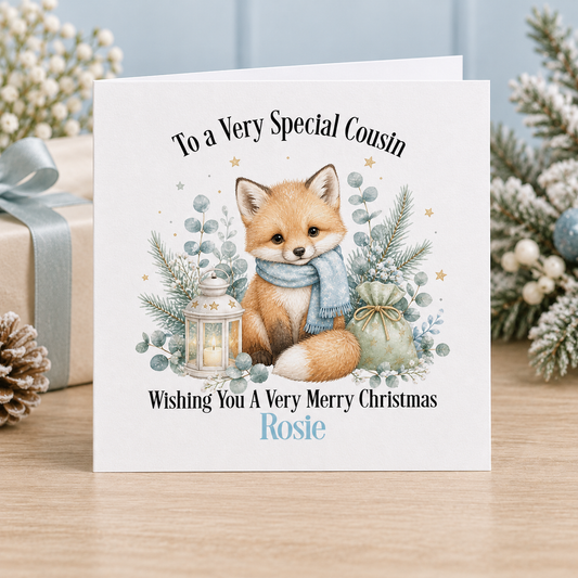 Personalised Fox Christmas Card – Cream Scarf & Stockings, Any Relation 6x6