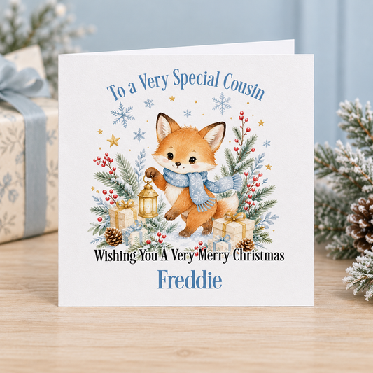Personalised Fox Christmas Card for Cousin – Blue Scarf & Snowflakes, 6x6 Square
