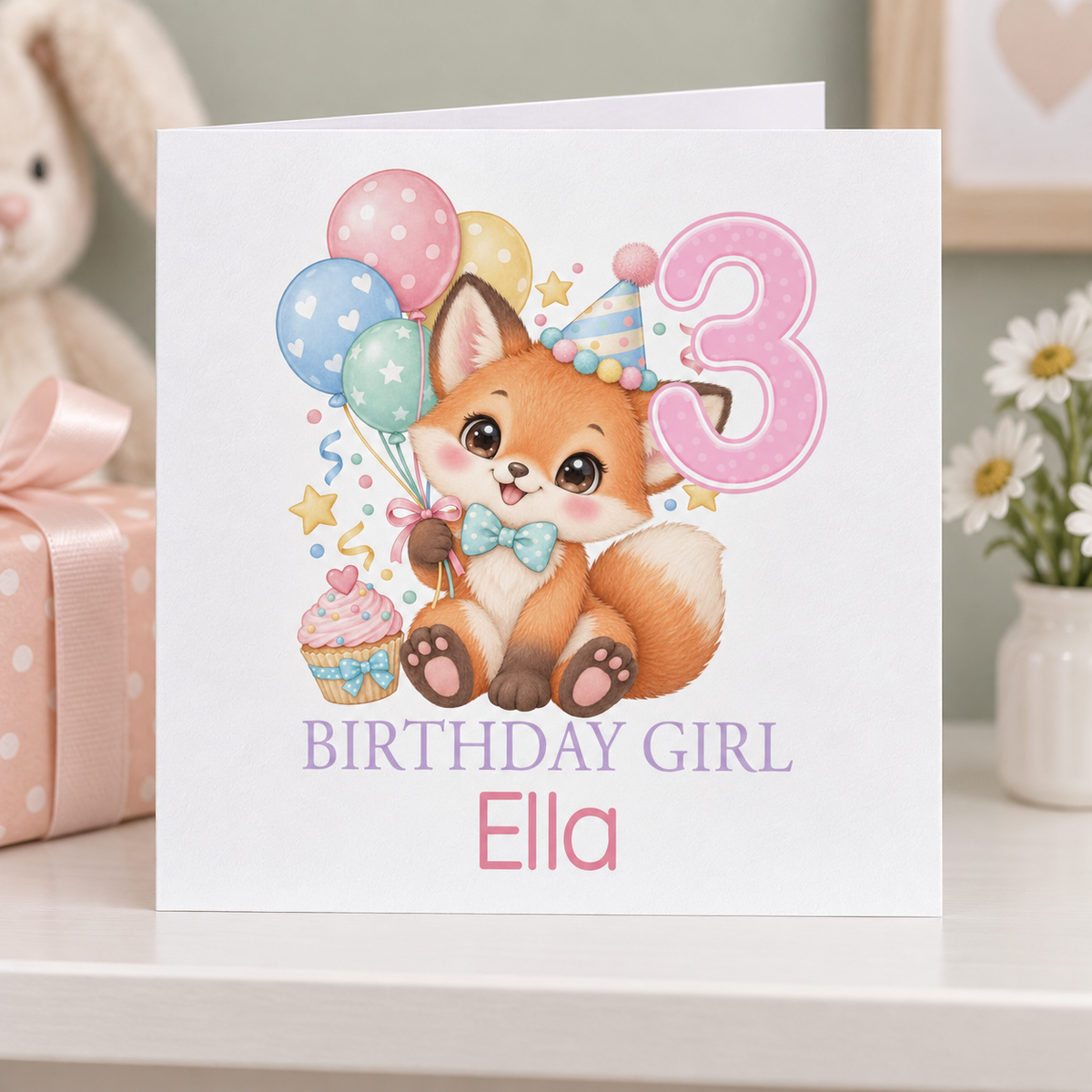 Personalised Fox Party Birthday Card, Any Age & Name, 6x6 Inch