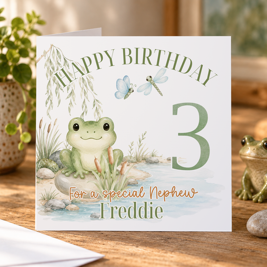 Personalised Frog Birthday Card – Watercolour Frog with Name, Age & Relation