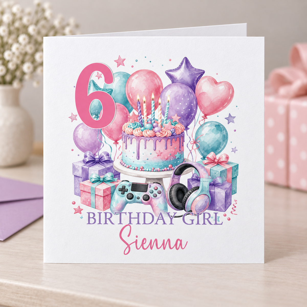 Personalised Gamer Girl Birthday Card, Any Age & Name, 6x6 Inch