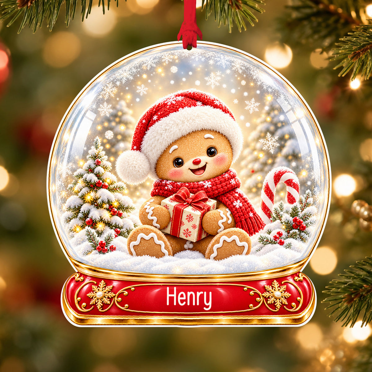 Personalised gingerbread boy acrylic snow globe Christmas bauble with custom name, hanging on a Christmas tree with red ribbon