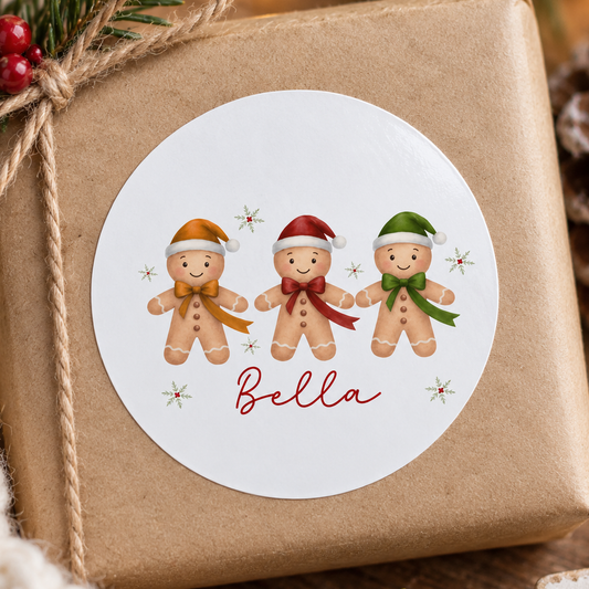 Personalised Gingerbread Boy Christmas Stickers – Playful Round Glossy Gift Labels, Custom Name