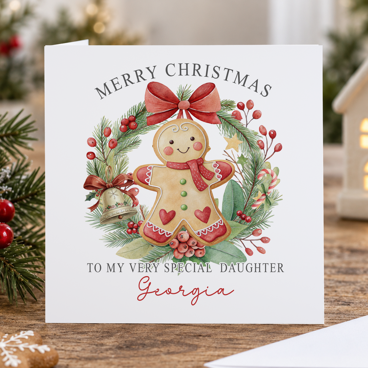 Personalised Gingerbread Christmas Card, Any Name & Relation, 6x6 Inch