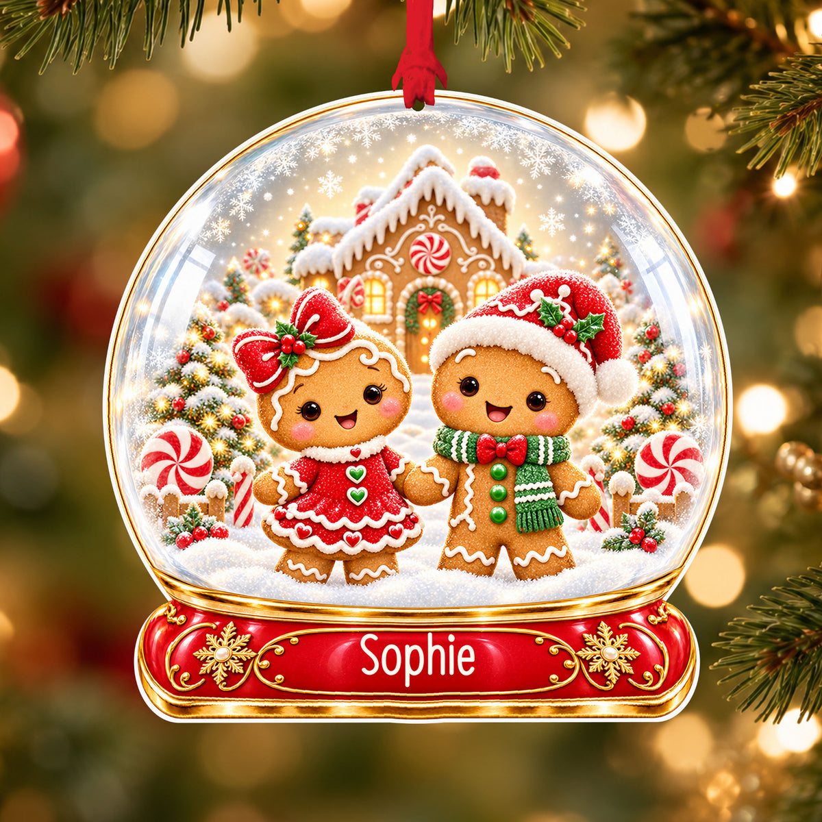 Personalised gingerbread couple acrylic snow globe Christmas bauble with custom name, hanging on a Christmas tree with red ribbon