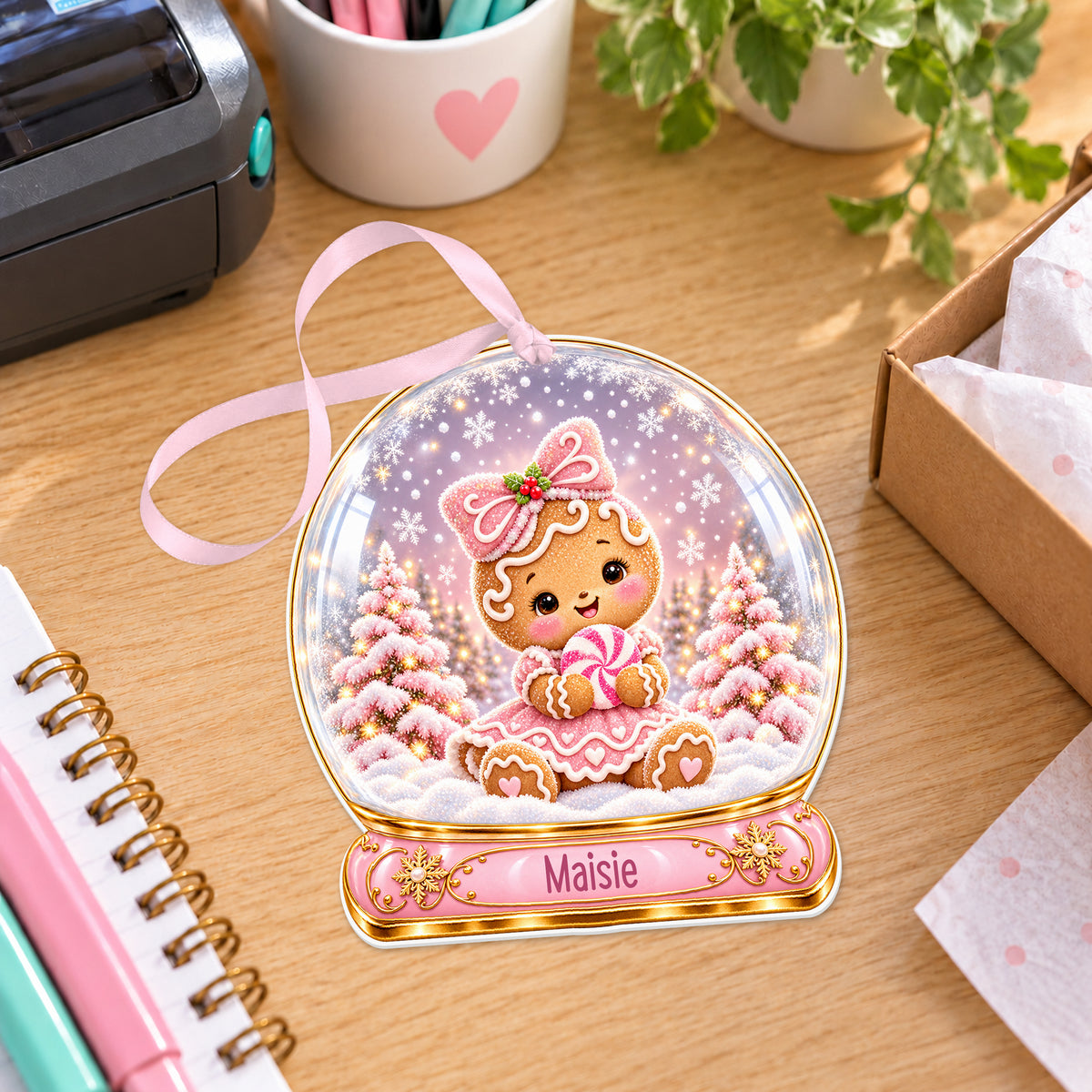 Personalised gingerbread girl snow globe bauble with name, white acrylic Christmas decoration with ribbon, shown on a desk