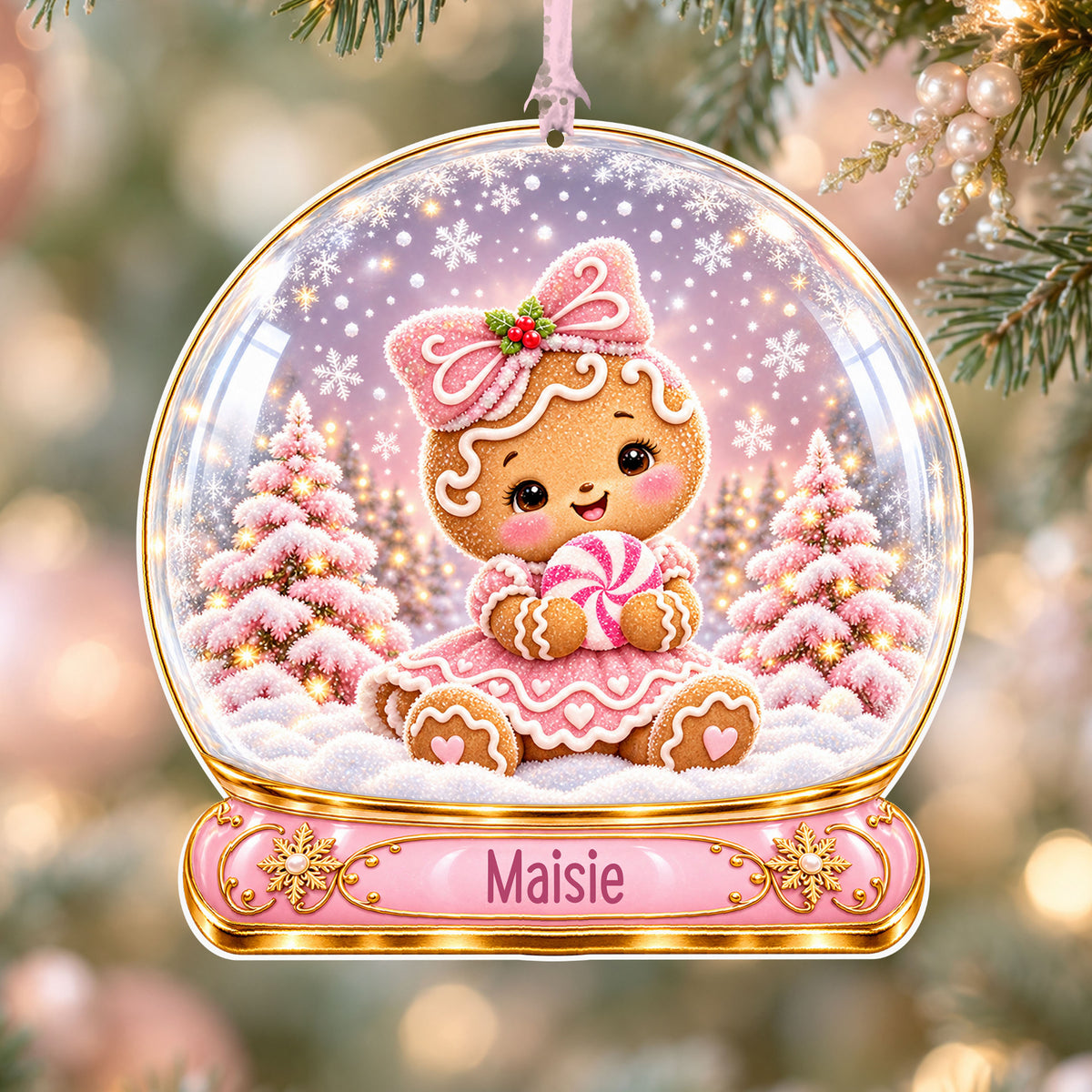 Personalised gingerbread girl acrylic snow globe Christmas bauble with custom name, hanging on a Christmas tree with baby pink ribbon