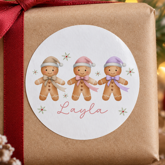 Personalised Gingerbread Girl Christmas Stickers – Sweet Round Glossy Gift Labels, Custom Name