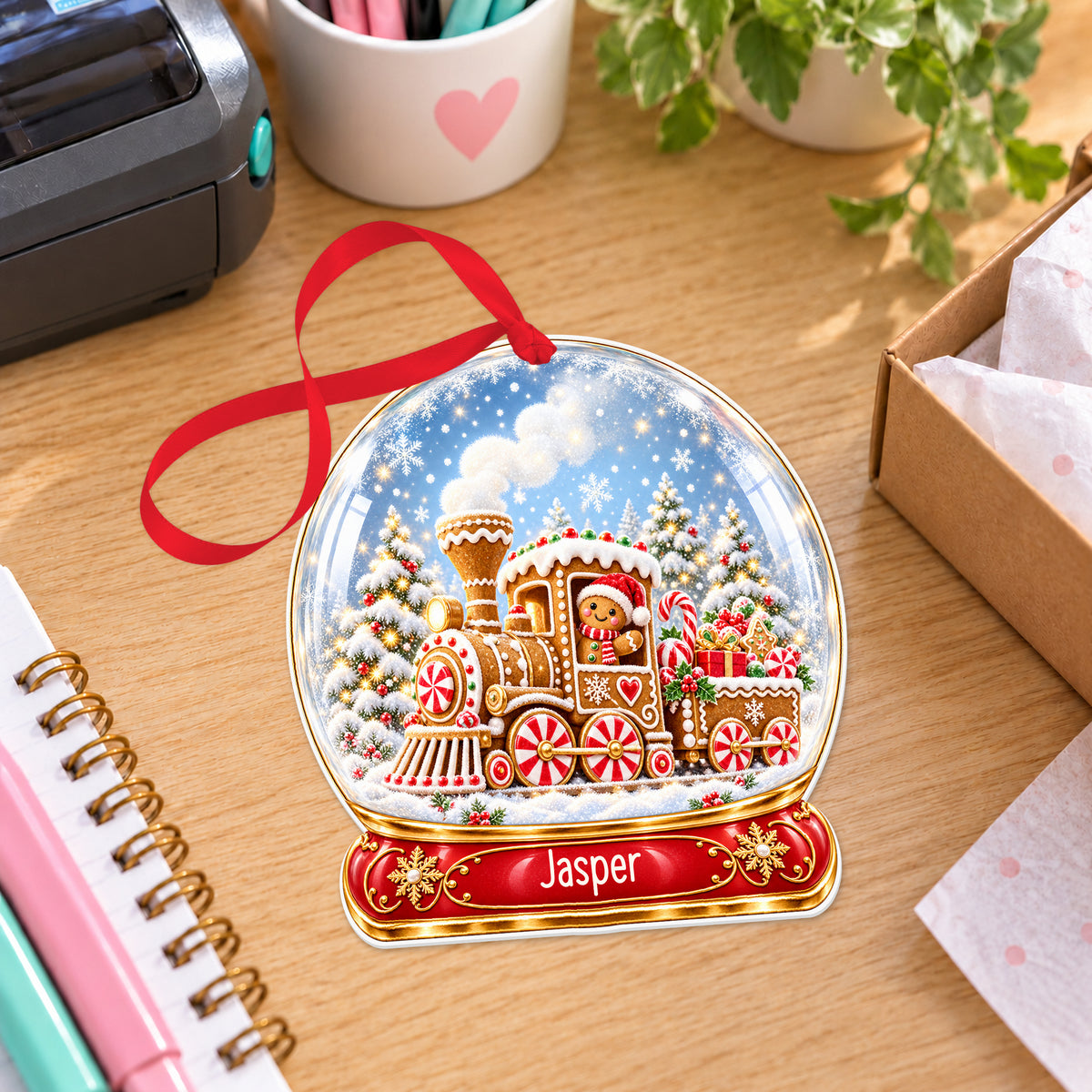 Personalised gingerbread train snow globe bauble with name, white acrylic Christmas decoration with ribbon, shown on a desk