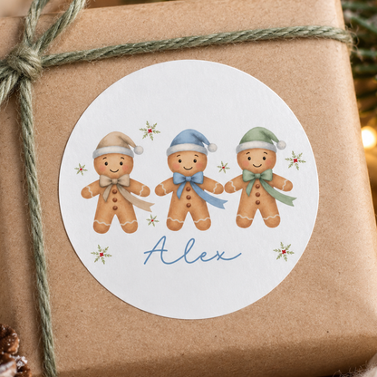 Personalised Gingerbread Trio Christmas Stickers – Glossy Round Gift Labels, Custom Name