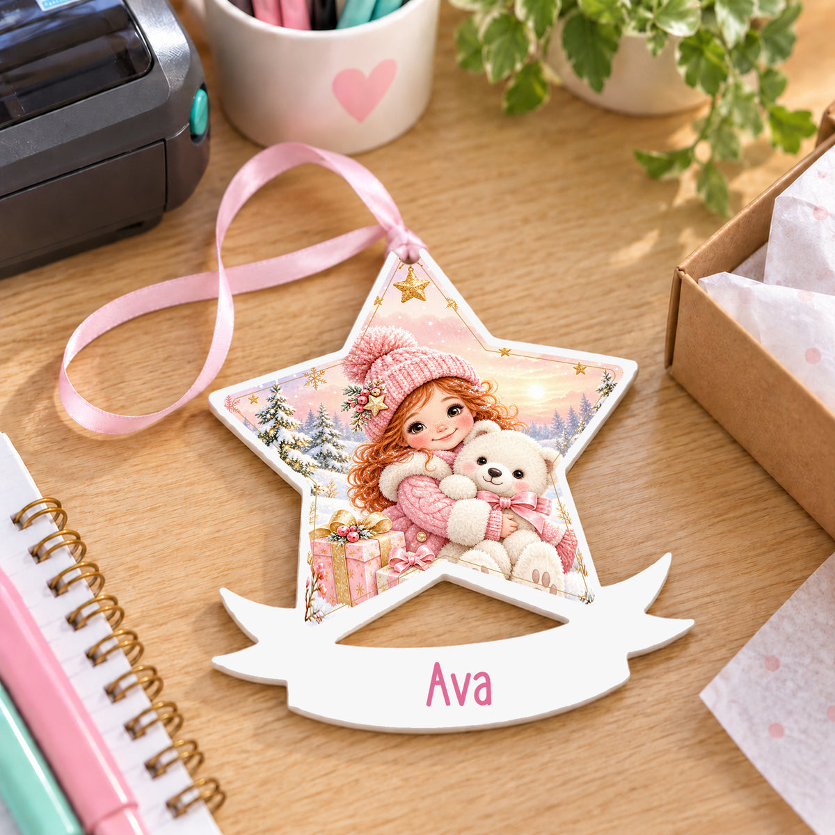 Personalised girl teddy hug white acrylic star bauble with name, 10cm Christmas decoration with ribbon, shown on a desk