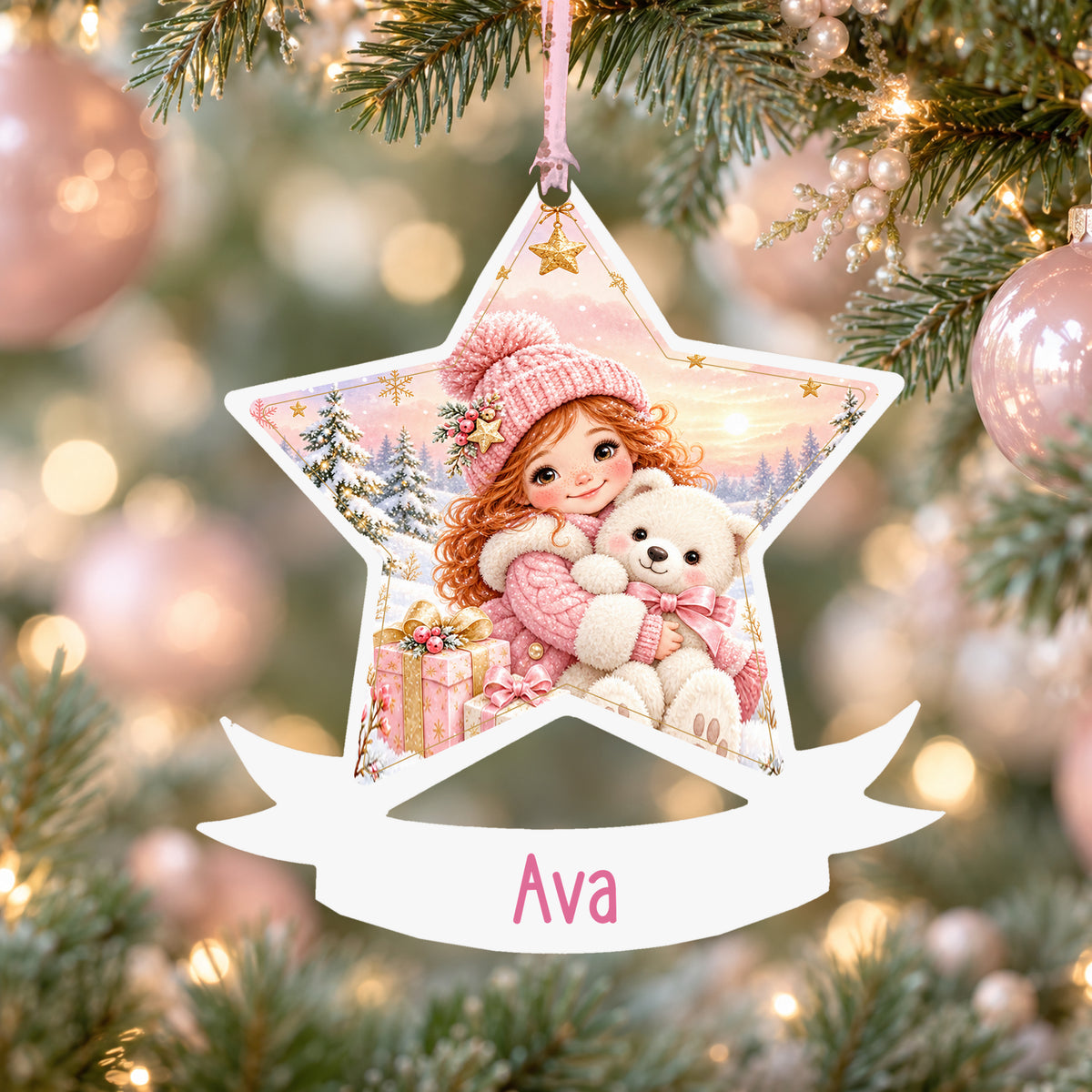 Personalised girl teddy hug acrylic star Christmas bauble with custom name, hanging on a Christmas tree with baby pink ribbon