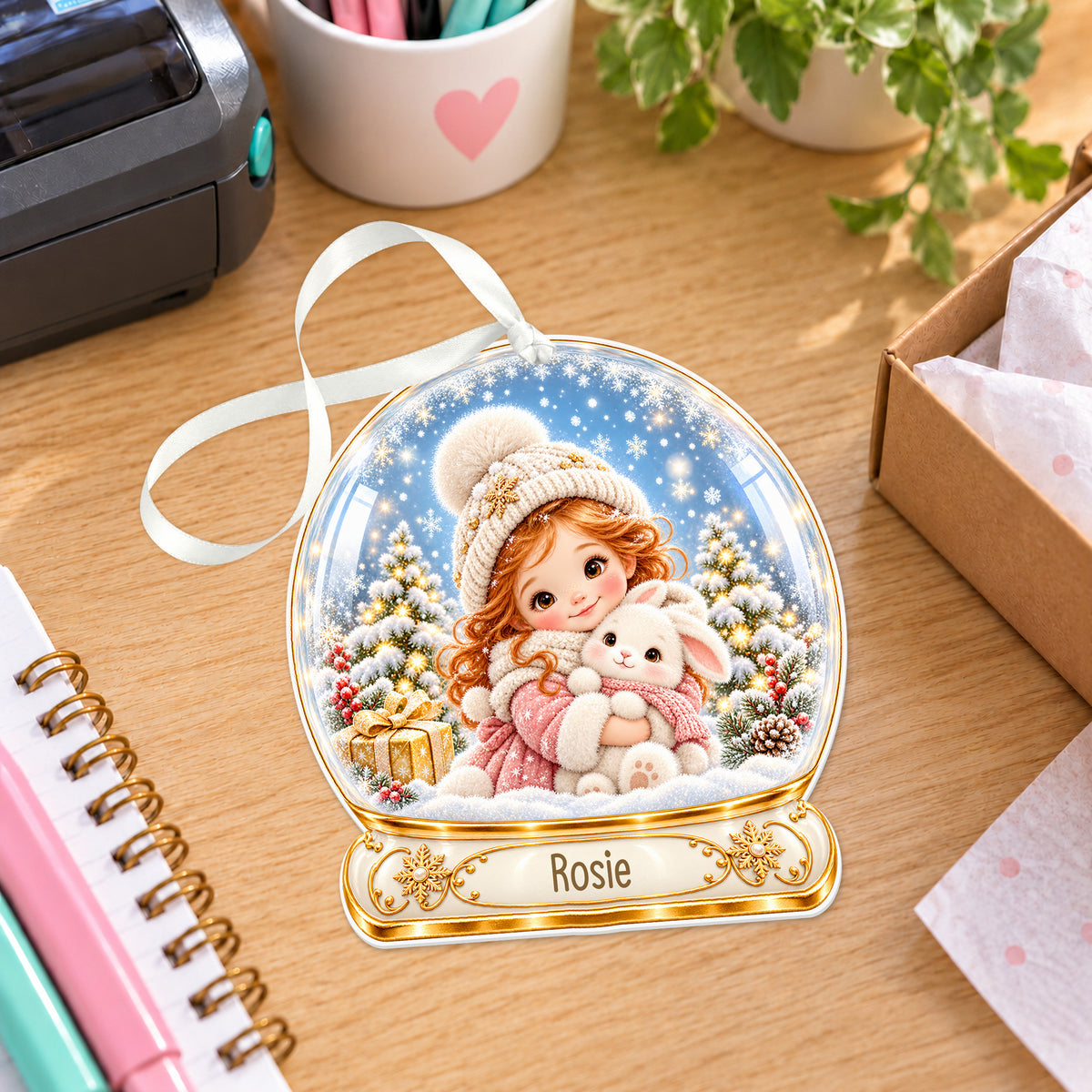 Personalised girl with bunny snow globe bauble with name, white acrylic Christmas decoration with ribbon, shown on a desk