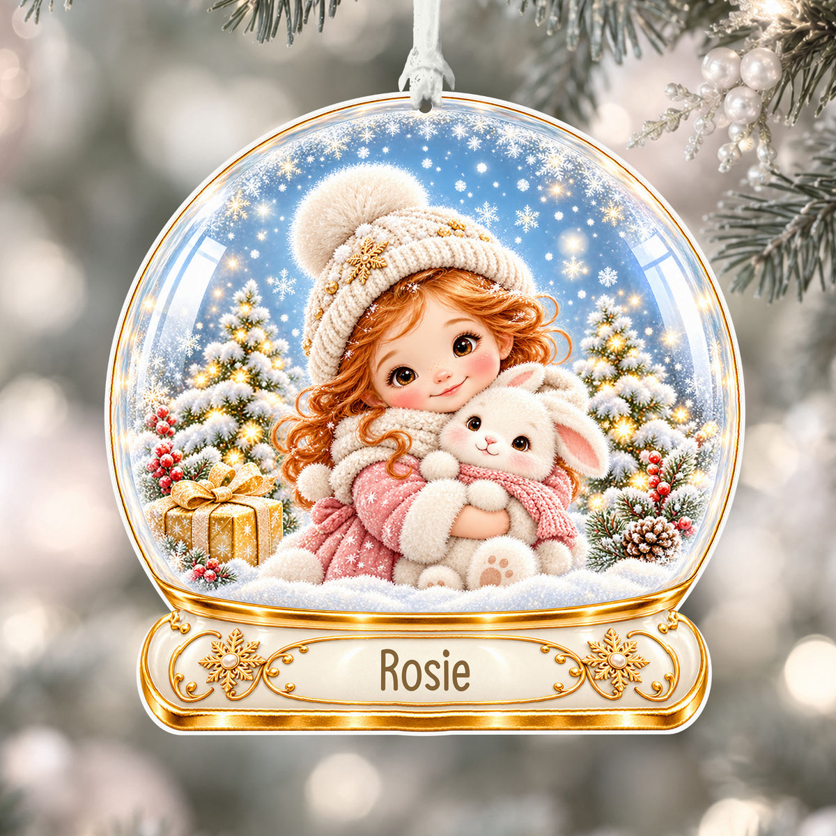 Personalised girl with bunny acrylic snow globe Christmas bauble with custom name, hanging on a Christmas tree with white ribbon