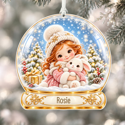 Personalised girl with bunny acrylic snow globe Christmas bauble with custom name, hanging on a Christmas tree with white ribbon
