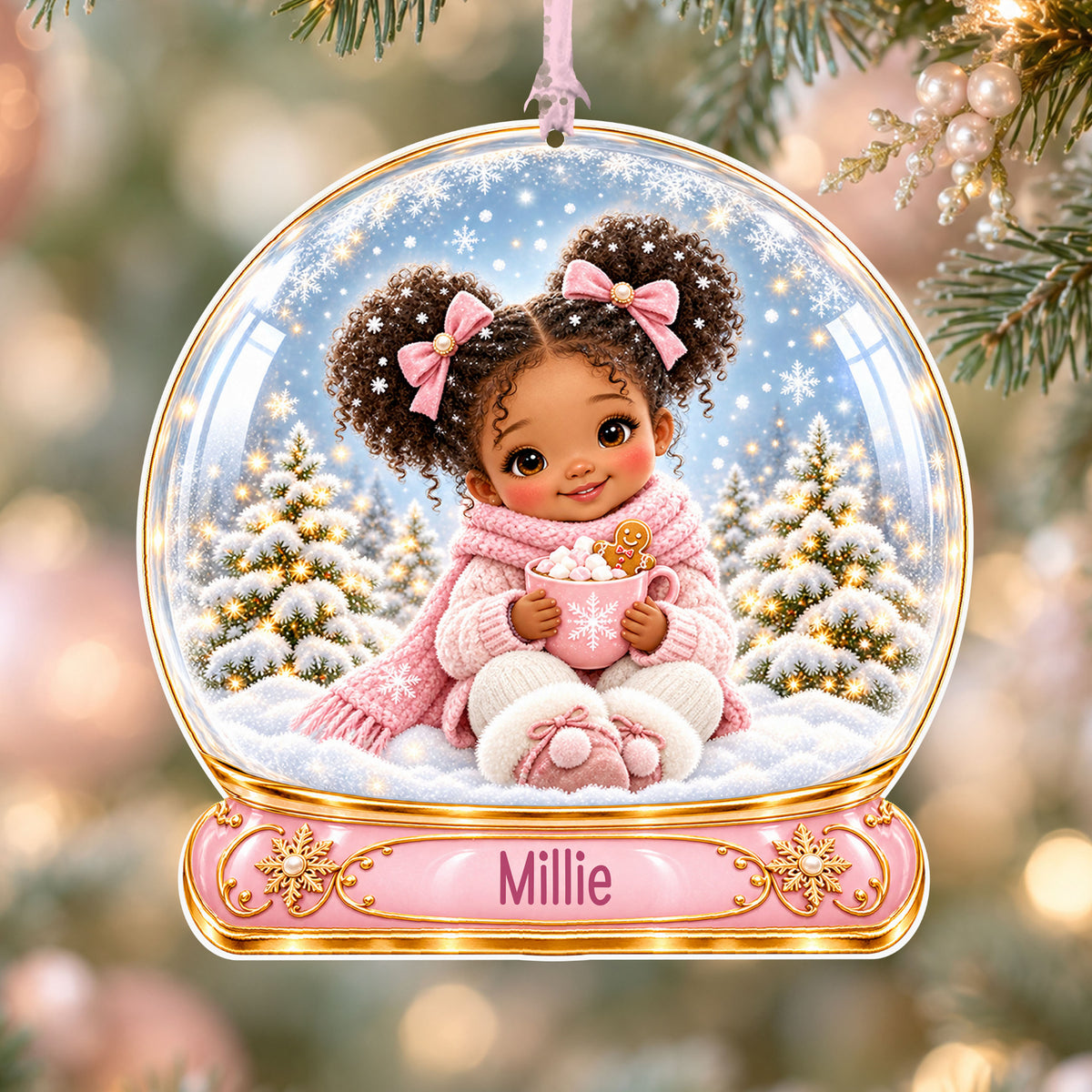 Personalised girl with hot cocoa acrylic snow globe Christmas bauble with custom name, hanging on a Christmas tree with baby pink ribbon
