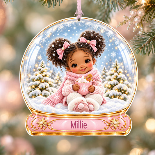 Personalised girl with hot cocoa acrylic snow globe Christmas bauble with custom name, hanging on a Christmas tree with baby pink ribbon