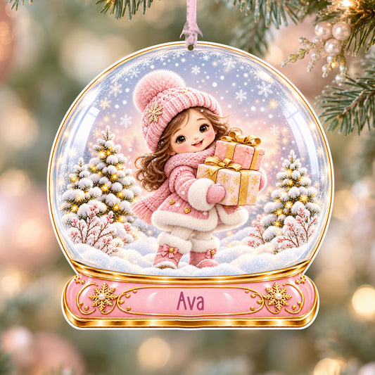 Personalised girl with presents acrylic snow globe Christmas bauble with custom name, hanging on a Christmas tree with baby pink ribbon