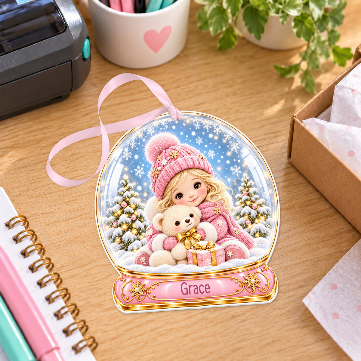Personalised girl with teddy snow globe bauble with name, white acrylic Christmas decoration with ribbon, shown on a desk