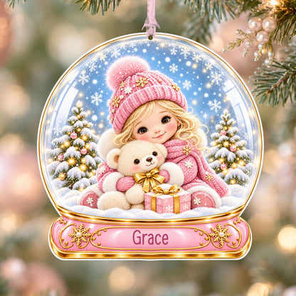 Personalised girl with teddy acrylic snow globe Christmas bauble with custom name, hanging on a Christmas tree with baby pink ribbon