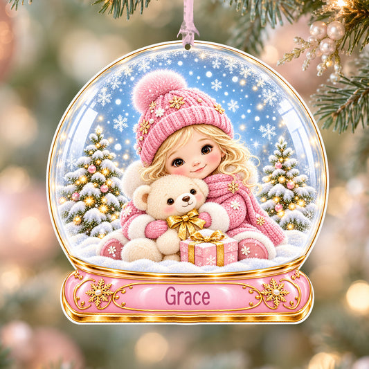 Personalised girl with teddy acrylic snow globe Christmas bauble with custom name, hanging on a Christmas tree with baby pink ribbon