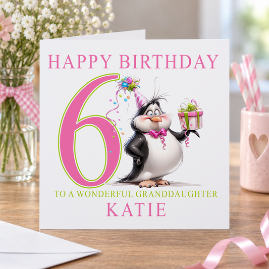 Personalised Girls Birthday Card – Cute Pink Penguin Design