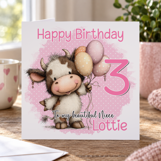 Personalised Girls Cow Birthday Card – Pink Farm Theme