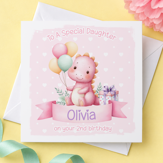 Personalised Girls Dinosaur Birthday Card – Pink Dino Design