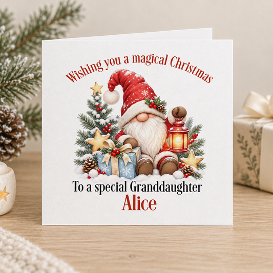 Personalised Gnome Christmas Card – Gonk, Reindeer & Tree, Granddaughter 6x6