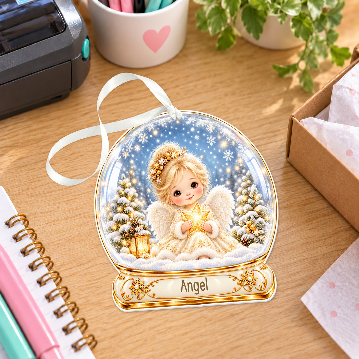 Personalised gold Christmas angel snow globe bauble with name, white acrylic Christmas decoration with ribbon, shown on a desk