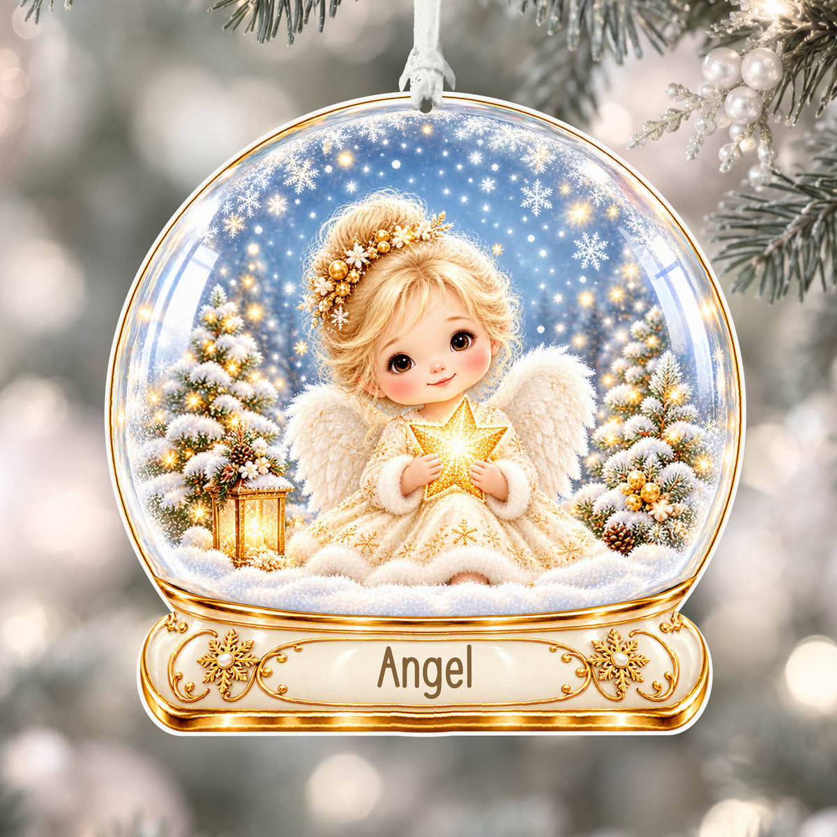 Personalised gold Christmas angel acrylic snow globe Christmas bauble with custom name, hanging on a Christmas tree with white ribbon
