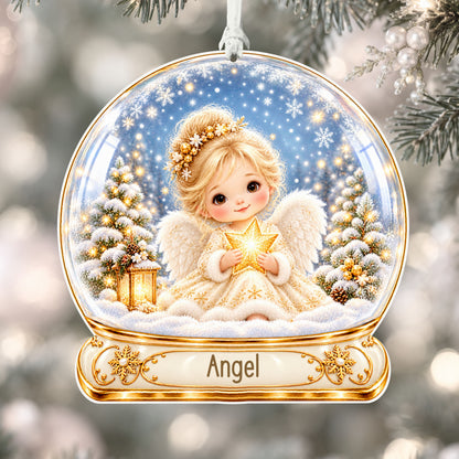 Personalised gold Christmas angel acrylic snow globe Christmas bauble with custom name, hanging on a Christmas tree with white ribbon