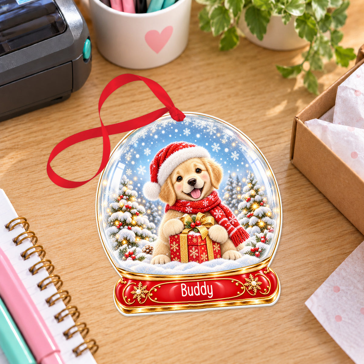 Personalised golden puppy snow globe bauble with name, white acrylic Christmas decoration with ribbon, shown on a desk