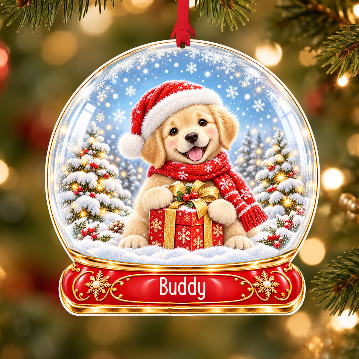 Personalised golden puppy acrylic snow globe Christmas bauble with custom name, hanging on a Christmas tree with red ribbon