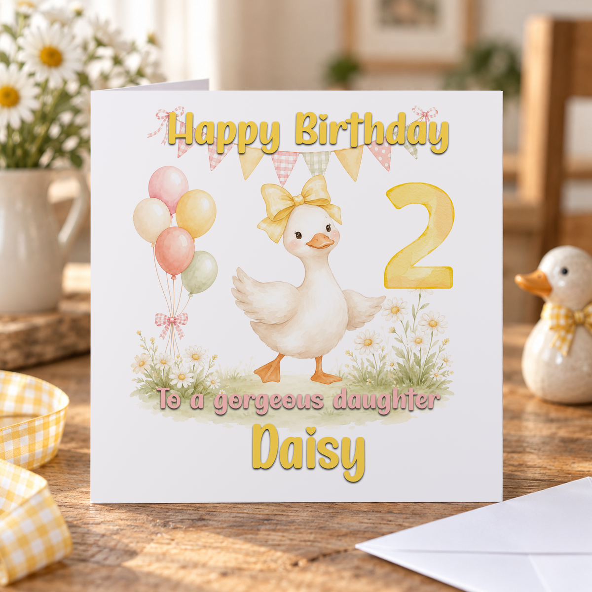 Personalised Goose and Balloons Birthday Card, Any Age, Name & Relation, 6x6 Inch
