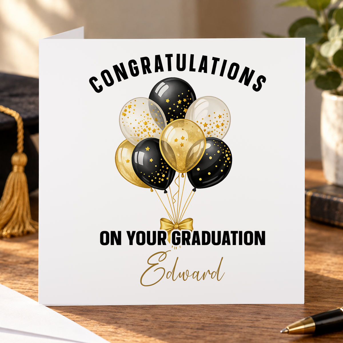 Personalised Graduation Card, Black and Gold Balloons, Any Name, 6x6 Inch