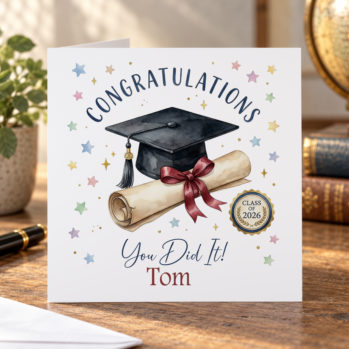 Personalised Graduation Card, Mortarboard and Scroll, Any Name, 6x6 Inch