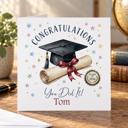 Personalised Graduation Card, Mortarboard and Scroll, Any Name, 6x6 Inch