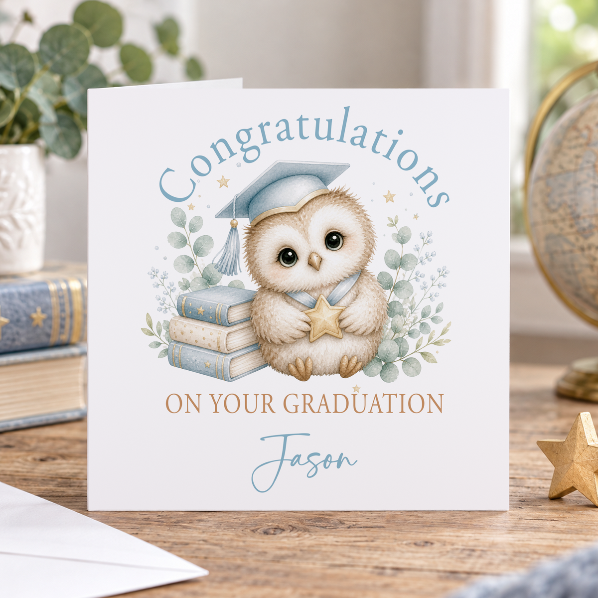 Personalised Graduation Card, Owl with Mortarboard, Any Name, 6x6 Inch