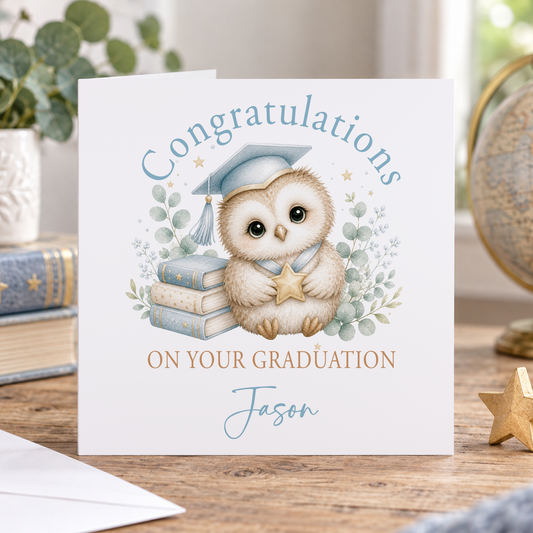 Personalised Graduation Card, Owl with Mortarboard, Any Name, 6x6 Inch