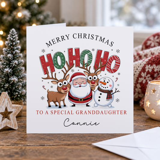 Personalised Granddaughter Christmas Card – HO HO HO with Santa & Friends, 6x6