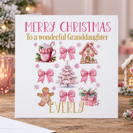 Personalised Granddaughter Christmas Card – Pink Gingerbread, Bows & Tree, 6x6