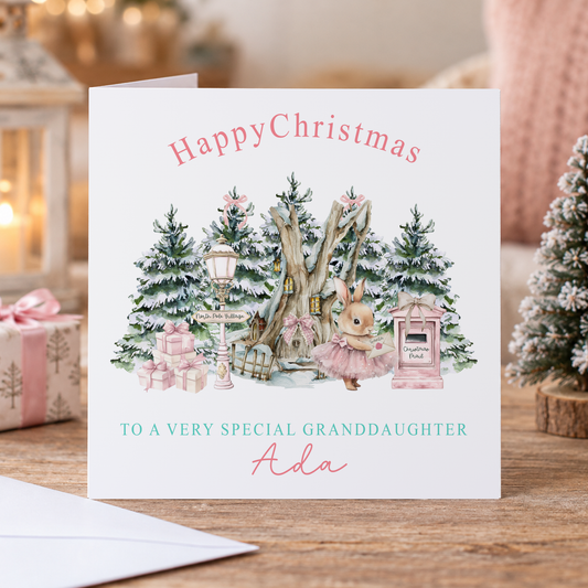 Personalised Granddaughter Christmas Card – Vintage Pink Toy Shop Scene, 6x6