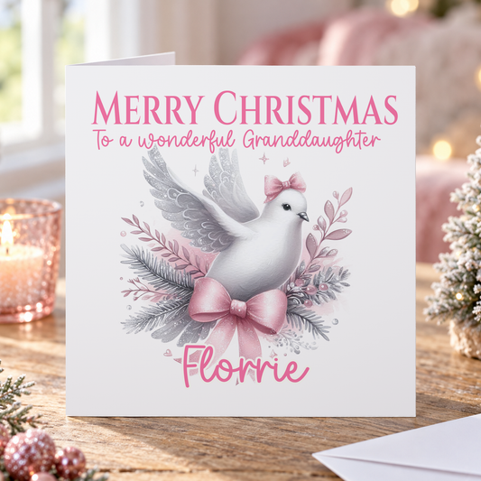 Personalised Granddaughter Christmas Card – White Dove & Pink Bow, 6x6 Inch