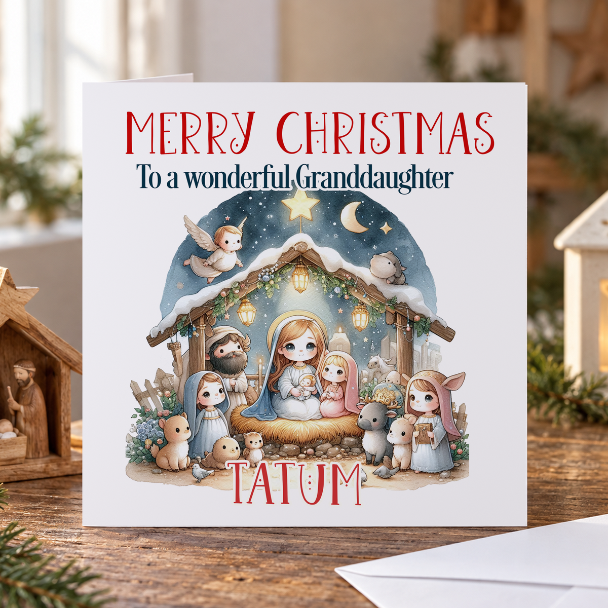 Personalised Granddaughter Nativity Christmas Card – Starry Arched Stable, 6x6