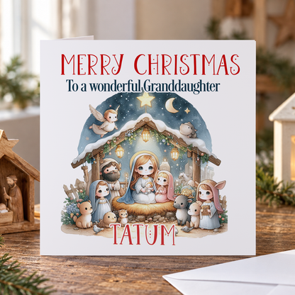 Personalised Granddaughter Nativity Christmas Card – Starry Arched Stable, 6x6