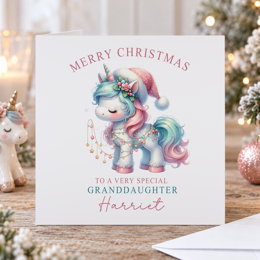 Personalised Granddaughter Unicorn Christmas Card – Pastel Unicorn in Santa Hat