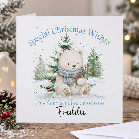 Personalised Grandson Christmas Card – Polar Bear Cub Between Snowy Trees, 6x6
