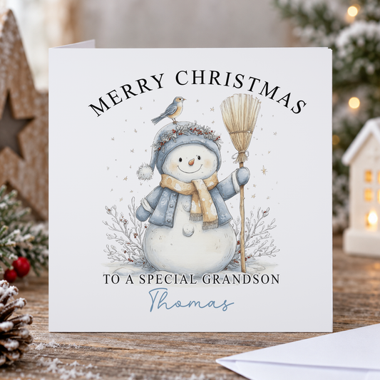 Personalised Grandson Christmas Card – Snowman in Blue Scarf with Robin, 6x6